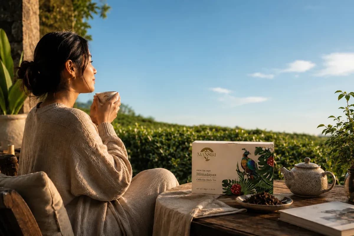 Woman holding a cup of tea overlooking a Himalayan tea garden
